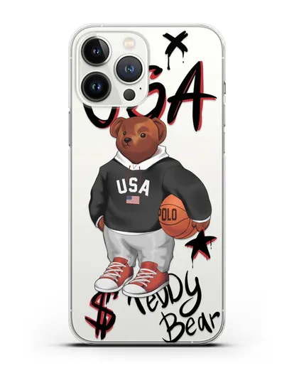 Чехол Медведь Тедди с баскетбольным мячом силиконовый для iPhone 13 Pro Max
