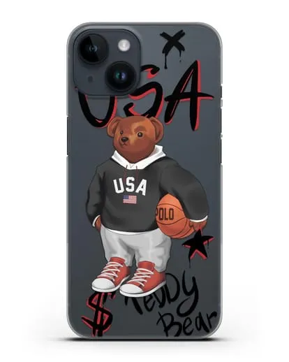 Чехол Медведь Тедди с баскетбольным мячом силиконовый для iPhone 14