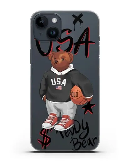 Чехол Медведь Тедди с баскетбольным мячом силиконовый для iPhone 14 Plus