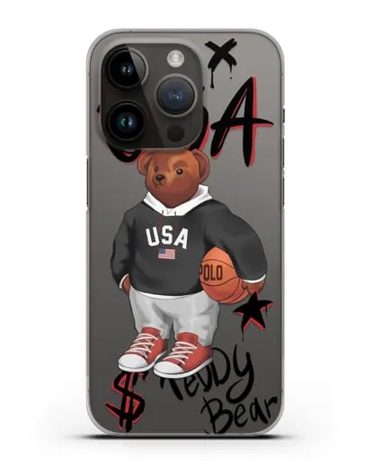 Чехол Медведь Тедди с баскетбольным мячом силиконовый для iPhone 14 Pro
