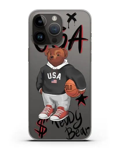 Чехол Медведь Тедди с баскетбольным мячом силиконовый для iPhone 14 Pro Max