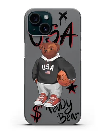 Чехол Медведь Тедди с баскетбольным мячом силиконовый для iPhone 15