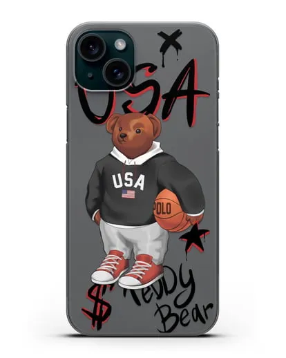 Чехол Медведь Тедди с баскетбольным мячом силиконовый для iPhone 15 Plus