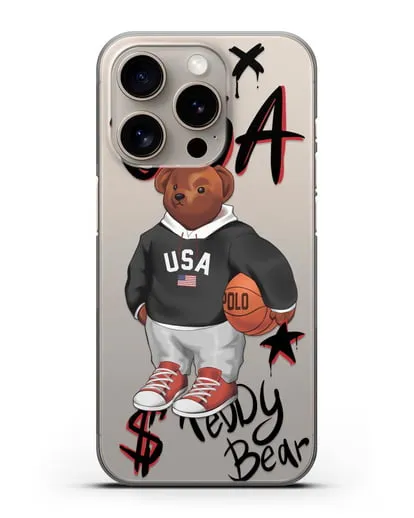 Чехол Медведь Тедди с баскетбольным мячом силиконовый для iPhone 15 Pro