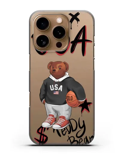 Чехол Медведь Тедди с баскетбольным мячом силиконовый для iPhone 16 Pro