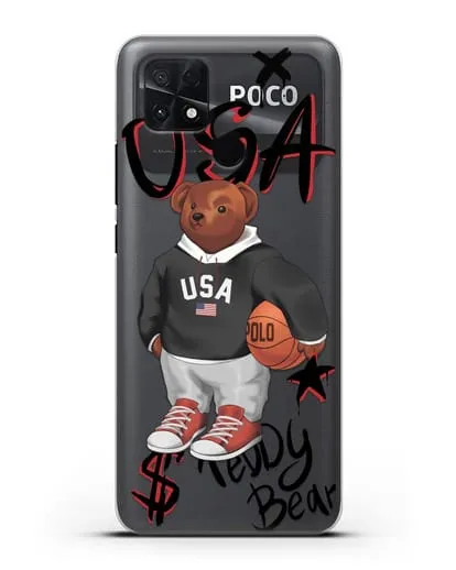Чехол Медведь Тедди с баскетбольным мячом силиконовый для Xiaomi Poco C40