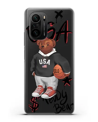 Чехол Медведь Тедди с баскетбольным мячом силиконовый для Xiaomi Poco F3 Pro