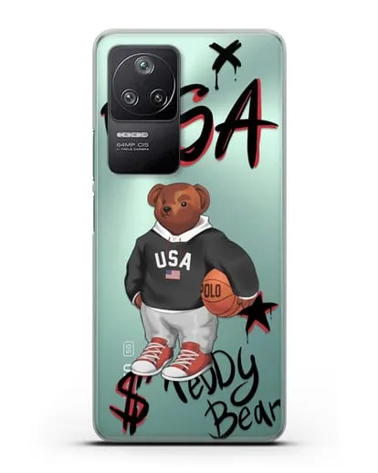 Чехол Медведь Тедди с баскетбольным мячом силиконовый для Xiaomi Poco F4