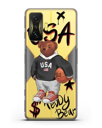 Чехол Медведь Тедди с баскетбольным мячом силиконовый для Xiaomi Poco F4 GT