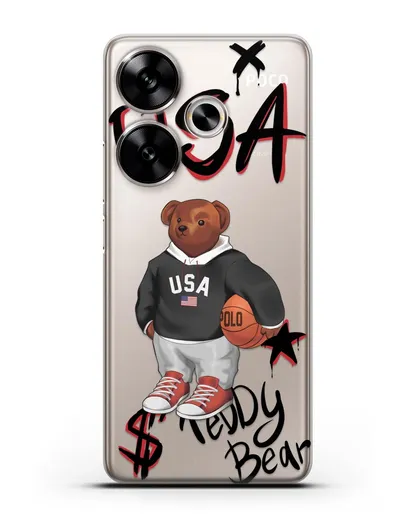 Чехол Медведь Тедди с баскетбольным мячом силиконовый для Xiaomi Poco F6