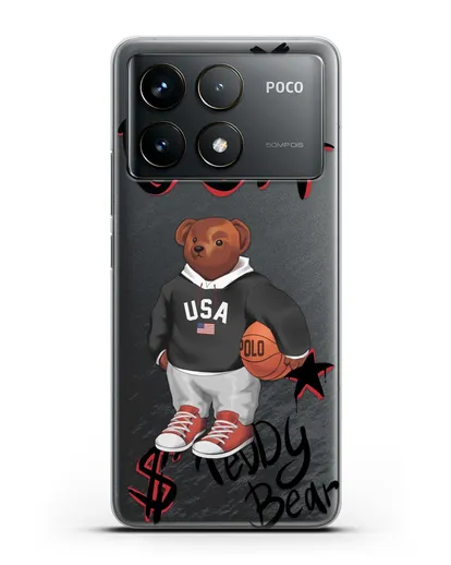 Чехол Медведь Тедди с баскетбольным мячом силиконовый для Xiaomi Poco F6 Pro
