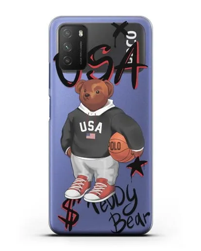 Чехол Медведь Тедди с баскетбольным мячом силиконовый для Xiaomi Poco M3