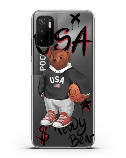 Чехол Медведь Тедди с баскетбольным мячом силиконовый для Xiaomi Poco M3 Pro
