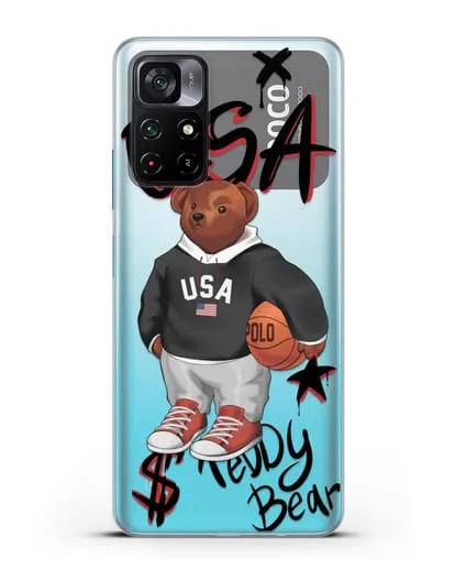 Чехол Медведь Тедди с баскетбольным мячом силиконовый для Xiaomi Poco M4 Pro 5G