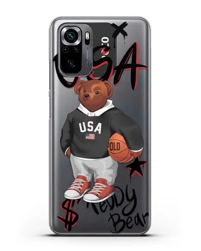 Чехол Медведь Тедди с баскетбольным мячом силиконовый для Xiaomi Poco M5s