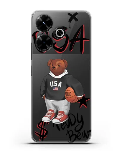 Чехол Медведь Тедди с баскетбольным мячом силиконовый для Xiaomi Poco M6