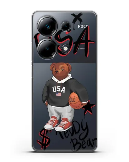 Чехол Медведь Тедди с баскетбольным мячом силиконовый для Xiaomi Poco M6 Pro