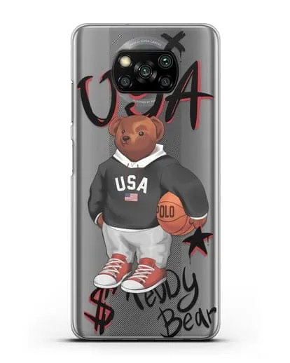 Чехол Медведь Тедди с баскетбольным мячом силиконовый для Xiaomi Poco X3