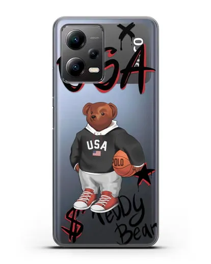 Чехол Медведь Тедди с баскетбольным мячом силиконовый для Xiaomi Poco X5
