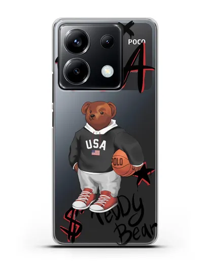 Чехол Медведь Тедди с баскетбольным мячом силиконовый для Xiaomi Poco X6