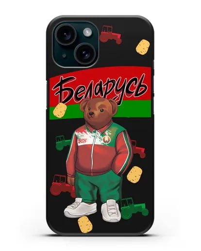 Чехол Медведь Тедди в костюме сборной Республики Беларусь силиконовый для iPhone 15