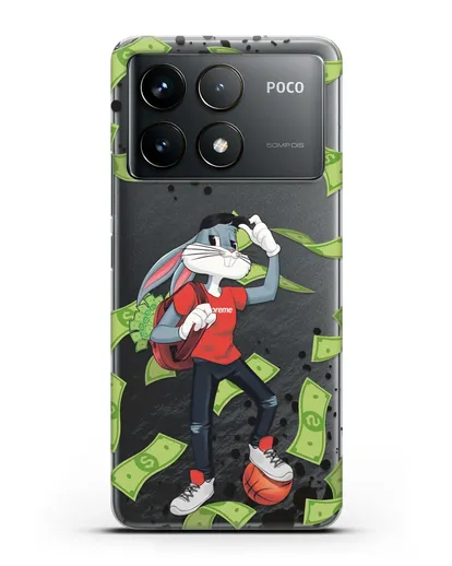 Чехол Багз Банни (Bugs Bunny) с сумкой денег силиконовый для Xiaomi Poco F6 Pro