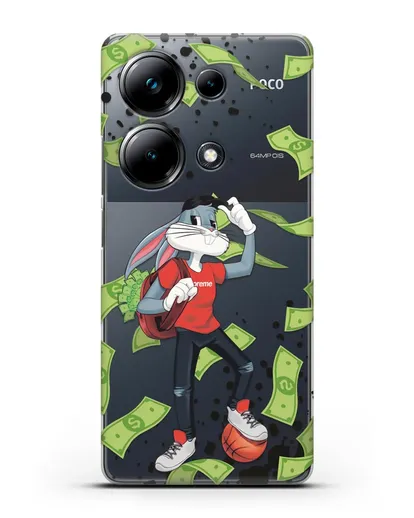 Чехол Багз Банни (Bugs Bunny) с сумкой денег силиконовый для Xiaomi Poco M6 Pro