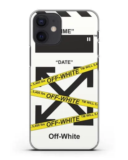 Чехол с белым рисунком Off-white с желтыми лентами силиконовый для iPhone 12 mini