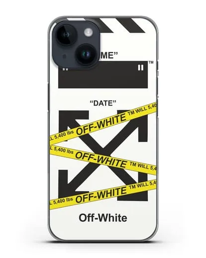 Чехол с белым рисунком Off-white с желтыми лентами силиконовый для iPhone 14