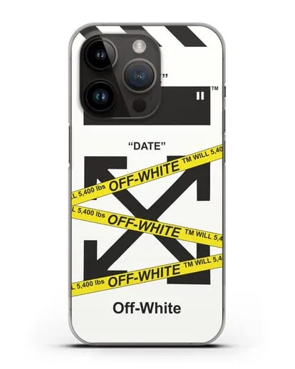 Чехол с белым рисунком Off-white с желтыми лентами силиконовый для iPhone 14 Pro