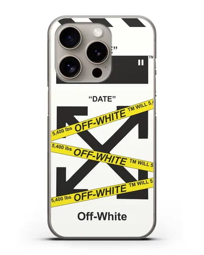 Чехол с белым рисунком Off-white с желтыми лентами силиконовый для iPhone 15 Pro