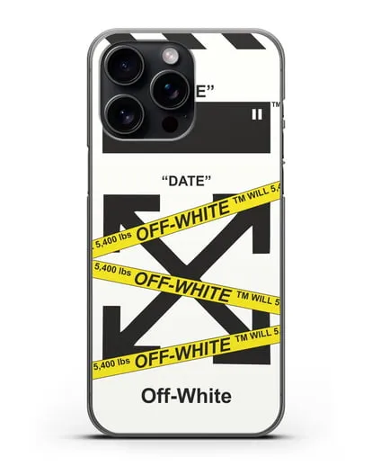 Чехол с белым рисунком Off-white с желтыми лентами силиконовый для iPhone 15 Pro Max