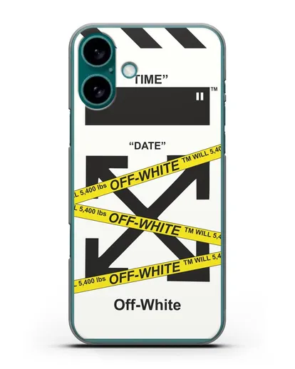 Чехол с белым рисунком Off-white с желтыми лентами силиконовый для iPhone 16 Plus