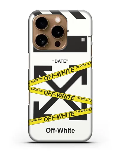 Чехол с белым рисунком Off-white с желтыми лентами силиконовый для iPhone 16 Pro