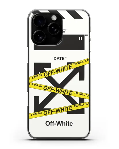 Чехол с белым рисунком Off-white с желтыми лентами силиконовый для iPhone 16 Pro Max