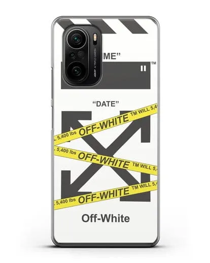 Чехол с белым рисунком Off-white с желтыми лентами силиконовый для Xiaomi Poco F3