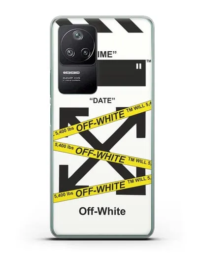 Чехол с белым рисунком Off-white с желтыми лентами силиконовый для Xiaomi Poco F4