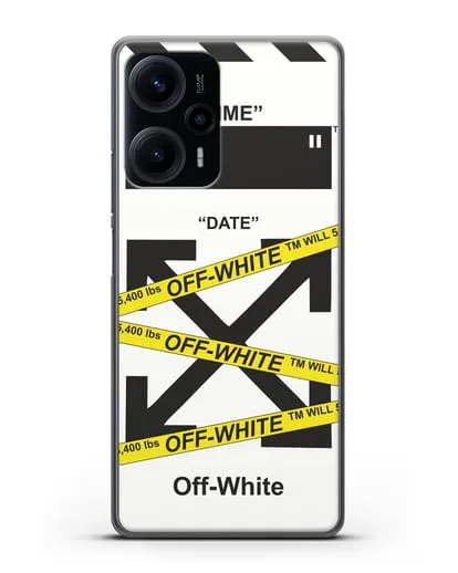 Чехол с белым рисунком Off-white с желтыми лентами силиконовый для Xiaomi Poco F5