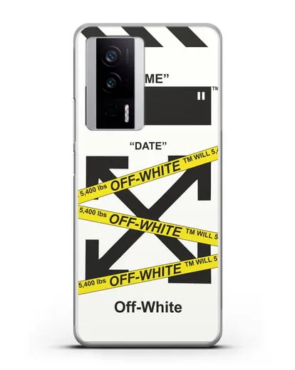 Чехол с белым рисунком Off-white с желтыми лентами силиконовый для Xiaomi Poco F5 Pro