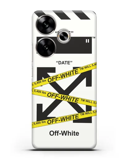Чехол с белым рисунком Off-white с желтыми лентами силиконовый для Xiaomi Poco F6