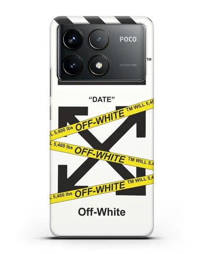 Чехол с белым рисунком Off-white с желтыми лентами силиконовый для Xiaomi Poco F6 Pro