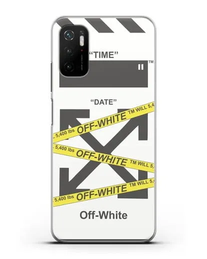 Чехол с белым рисунком Off-white с желтыми лентами силиконовый для Xiaomi Poco M3 Pro