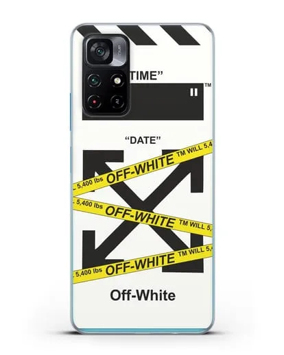Чехол с белым рисунком Off-white с желтыми лентами силиконовый для Xiaomi Poco M4 Pro 5G