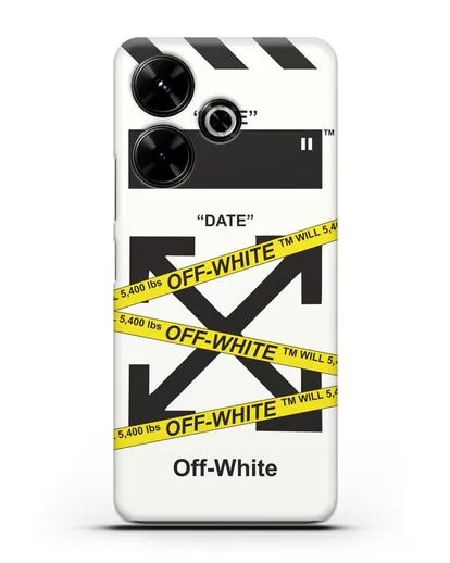 Чехол с белым рисунком Off-white с желтыми лентами силиконовый для Xiaomi Poco M6