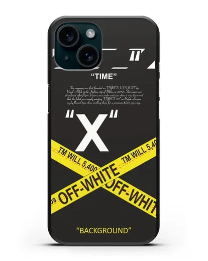 Чехол Off-White с желтой лентой силиконовый для iPhone 15