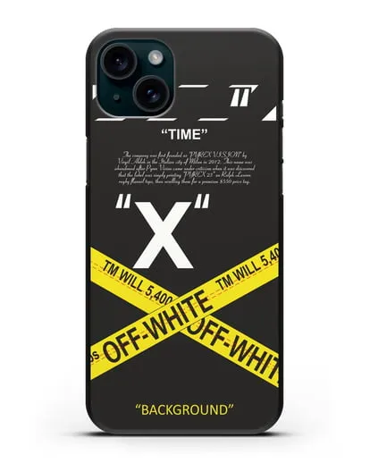 Чехол Off-White с желтой лентой силиконовый для iPhone 15 Plus