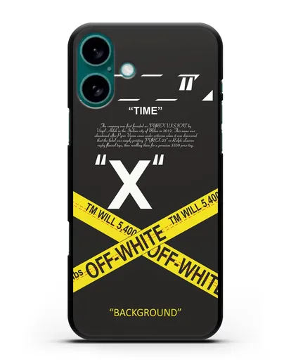 Чехол Off-White с желтой лентой силиконовый для iPhone 16 Plus