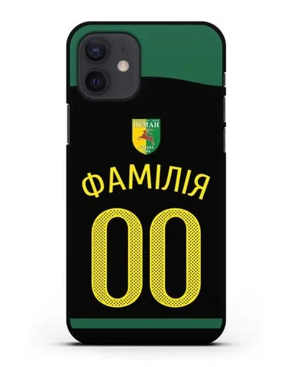 Именной чехол ФК Неман Гродно с фамилией и номером черная форма силиконовый для iPhone 12