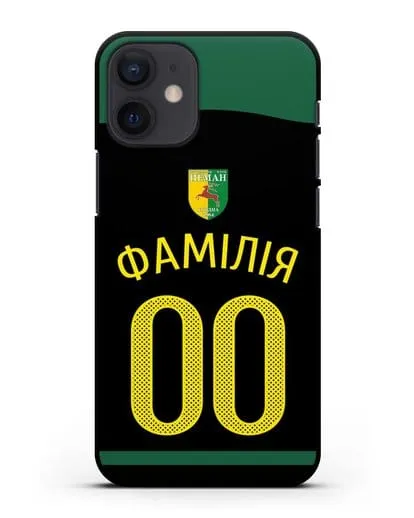 Именной чехол ФК Неман Гродно с фамилией и номером черная форма силиконовый для iPhone 12 mini
