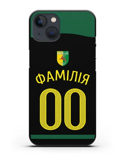 Именной чехол ФК Неман Гродно с фамилией и номером черная форма силиконовый для iPhone 13